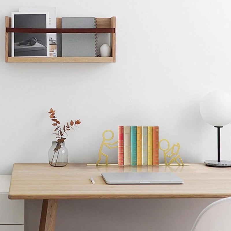 Natrlart Metal Unique Office Desk Bookends Decorative Cute Book Ends Reading Decor Bookshelf Decor for Office School Library Bedroom, Book Lovers Gift（Gold） - Image 5